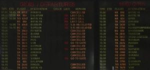 An information board with delayed and cancelled flights is pictured in Istanbul airport, Turkey, July 16, 2016. REUTERS/Huseyin Aldemir